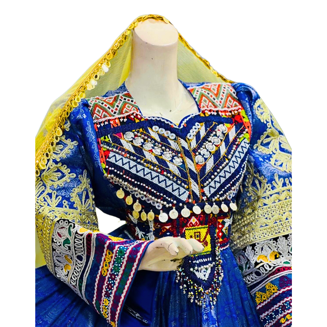Traditional Afghan Women Short Bridal Blue and Yellow Dress