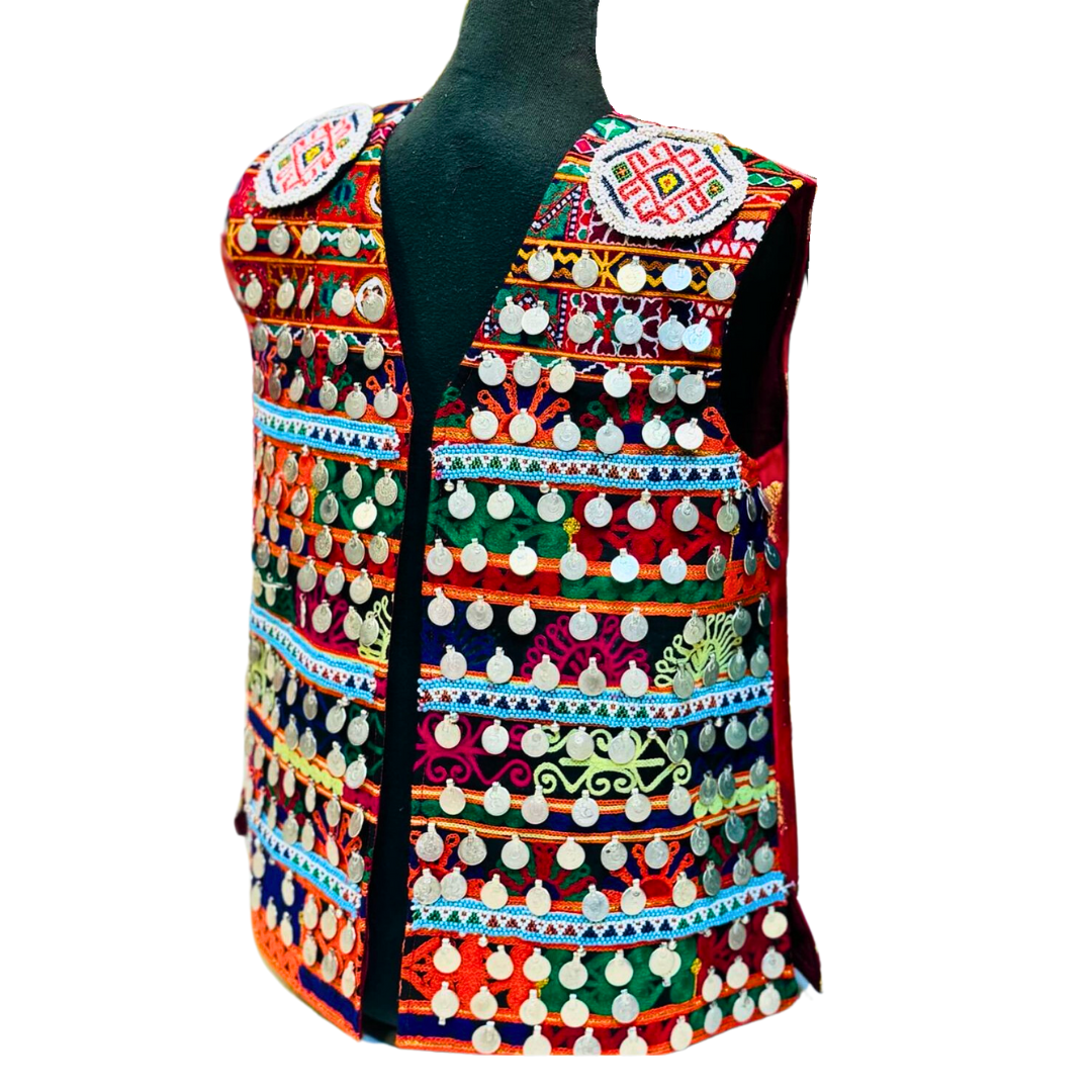 Traditional Afghan Women Short Red Bridal Dress with Men Waskat