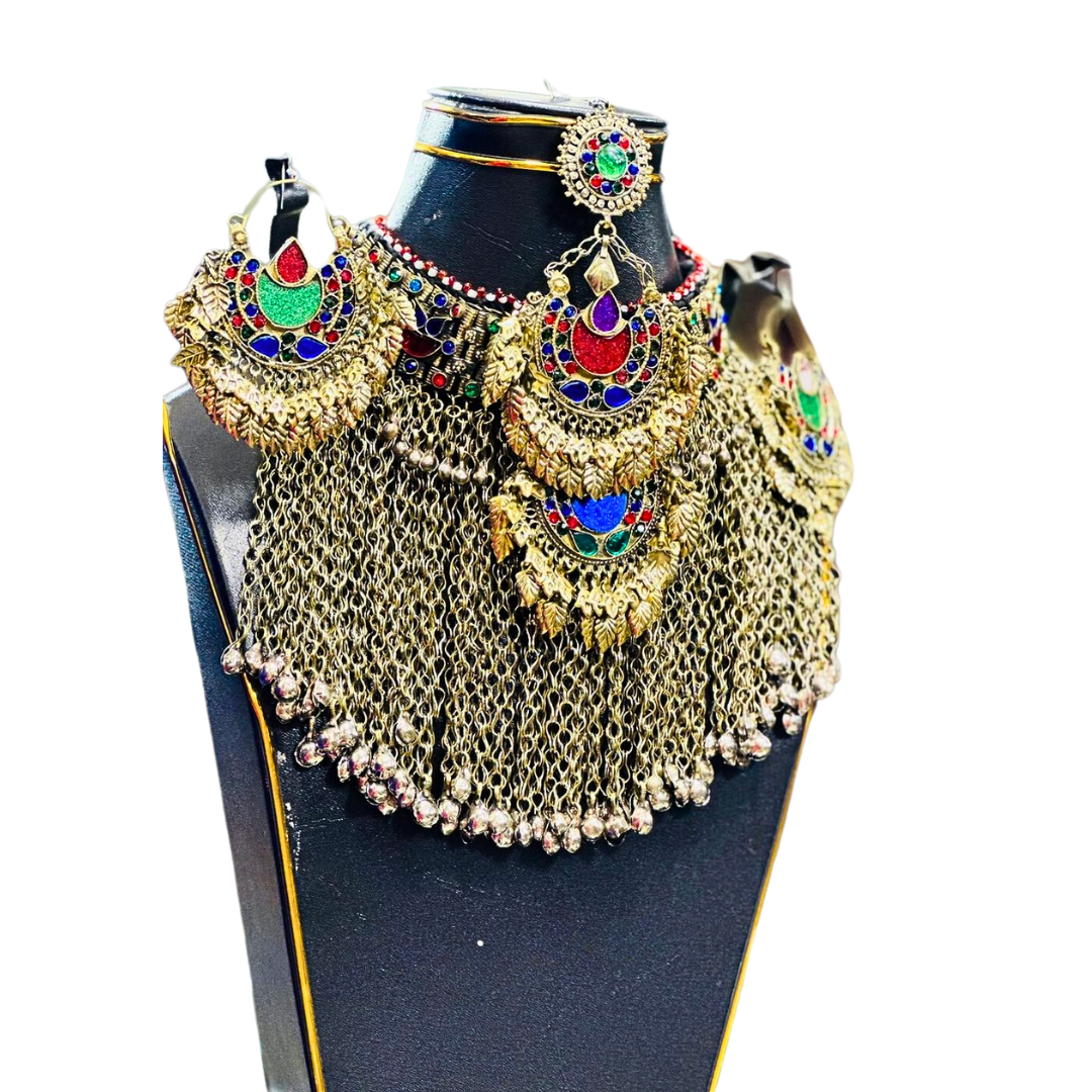 Traditional Afghan Women Vintage Jewellery Set with Green and Red Stones