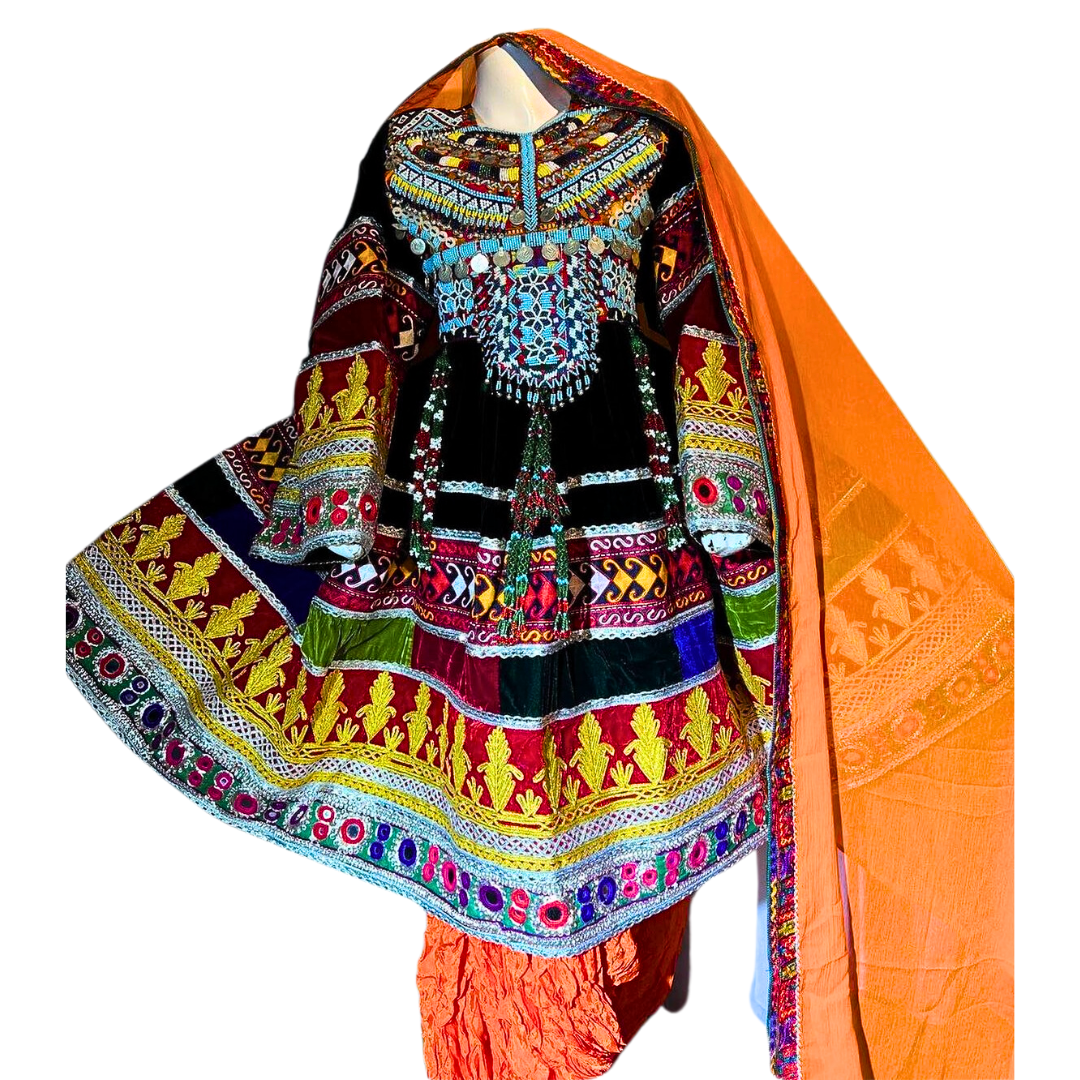 Traditional Afghan Women Kochi Orange Bridal Short Dress