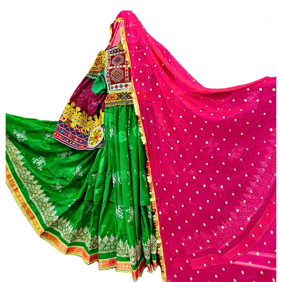 Traditional Afghan Women Long Bridal Green Kochi Dress