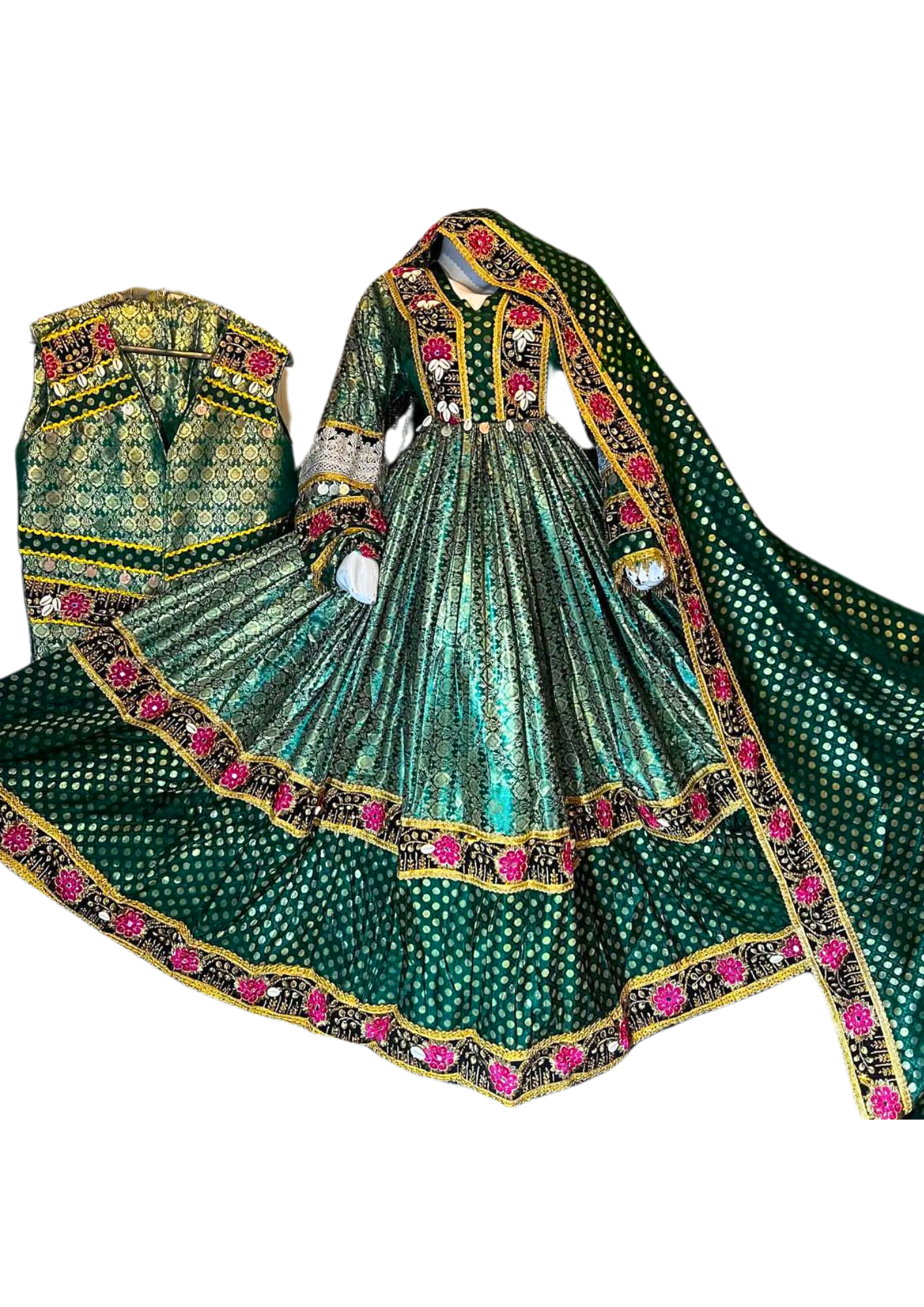 Traditional Afghan Women Green Long Bridal Dress with Waskat