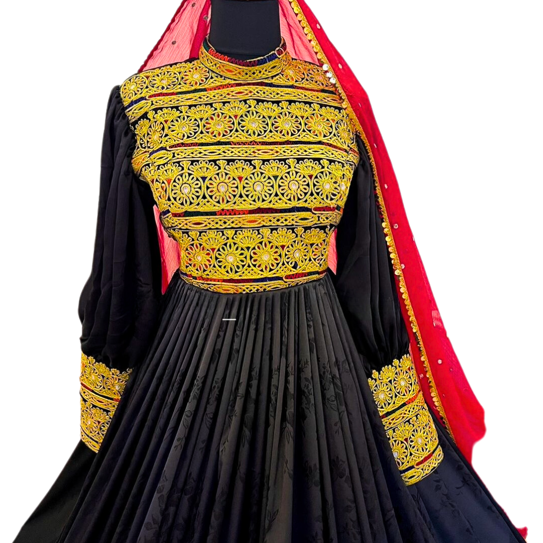 Traditional Afghan Simple Women Long Gold and Black Dress