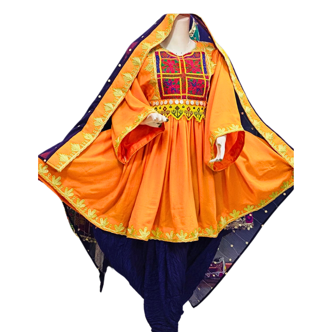 Traditional Afghan Women Simple Orange Short Dress