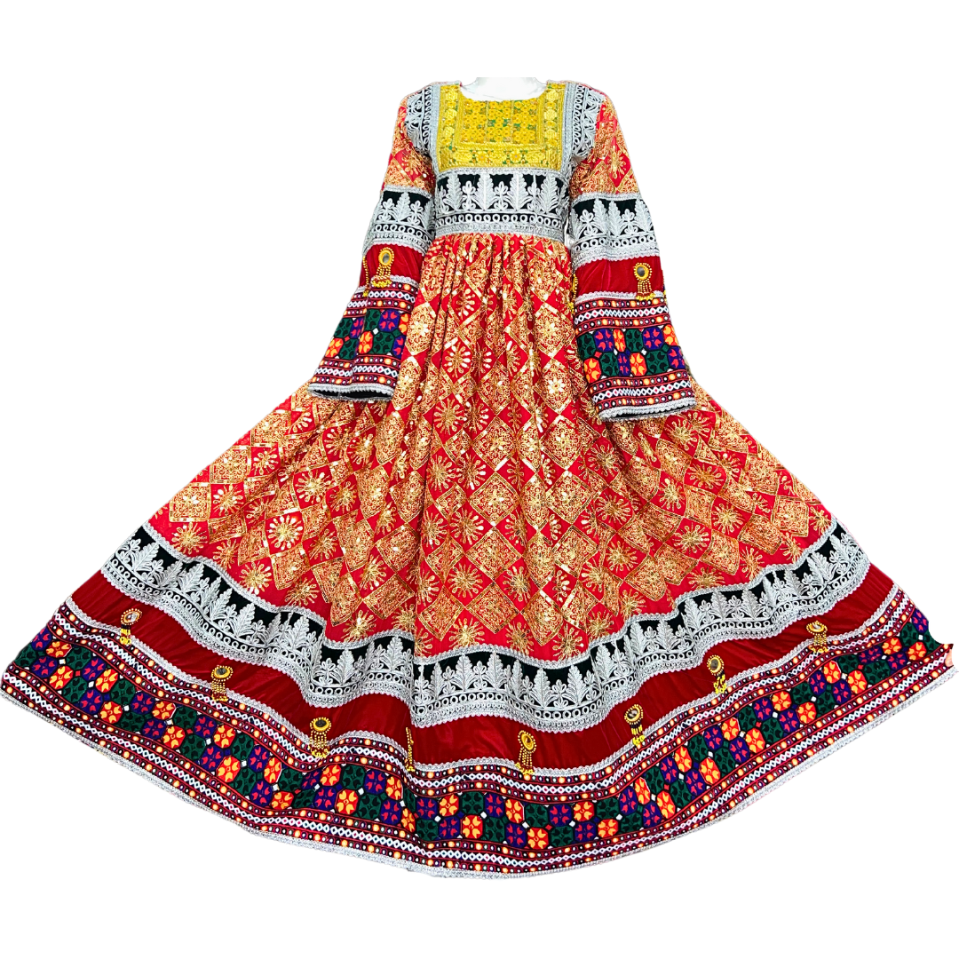 Traditional Afghan Women Long Orange Simple Dress