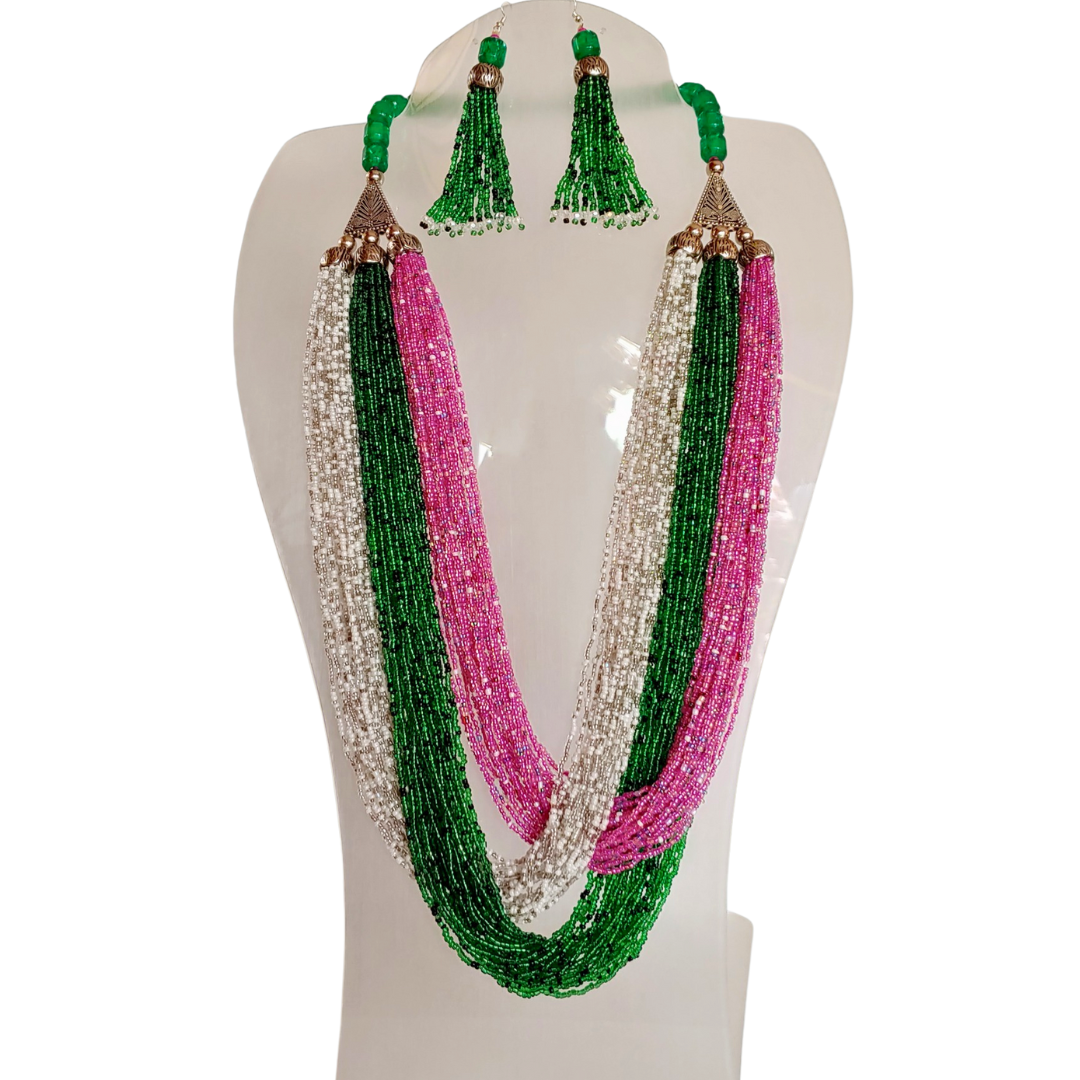 Colourful Green and White Long Beaded Necklace Set