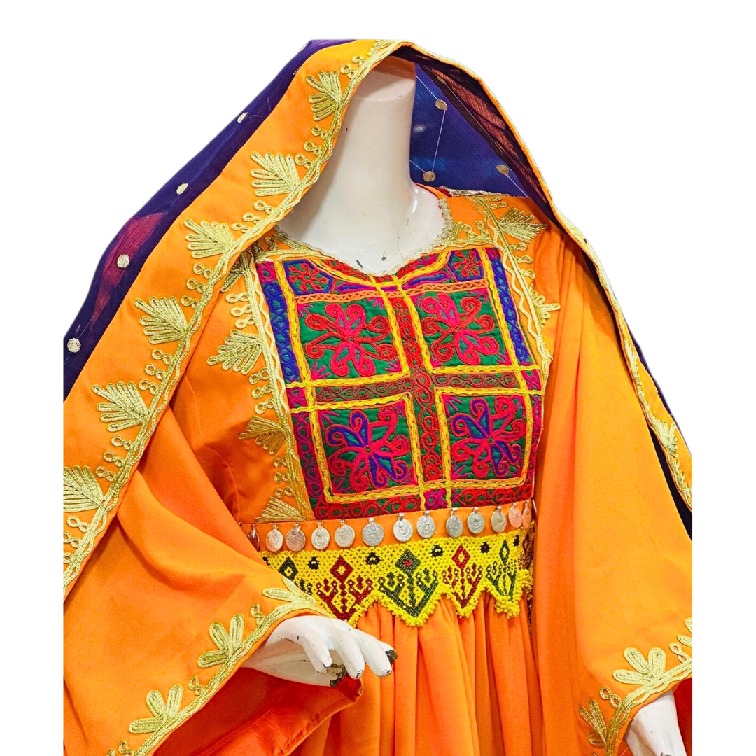 Traditional Afghan Women Simple Orange Short Dress