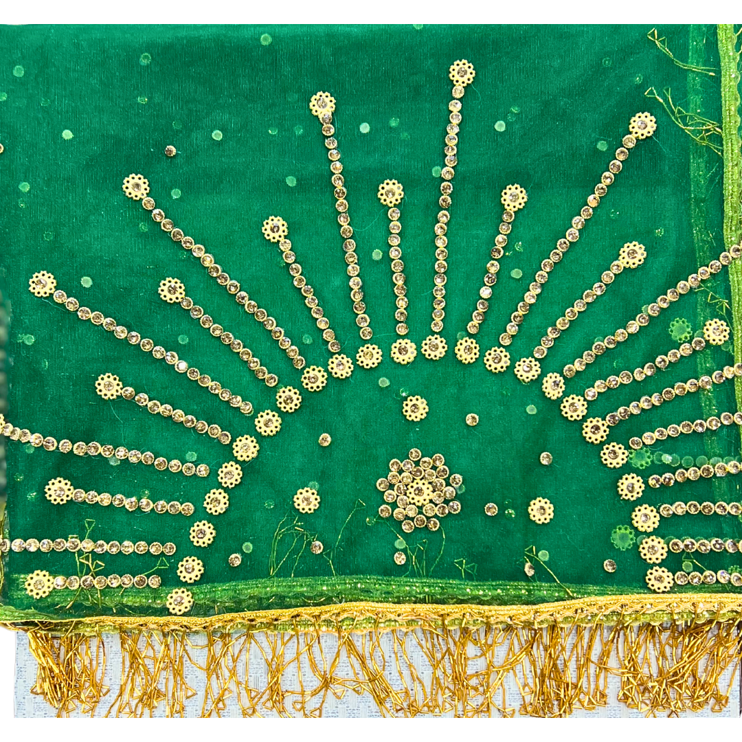 Traditional Afghan Bridal Wedding Green Shawl with Gold Rhinestones