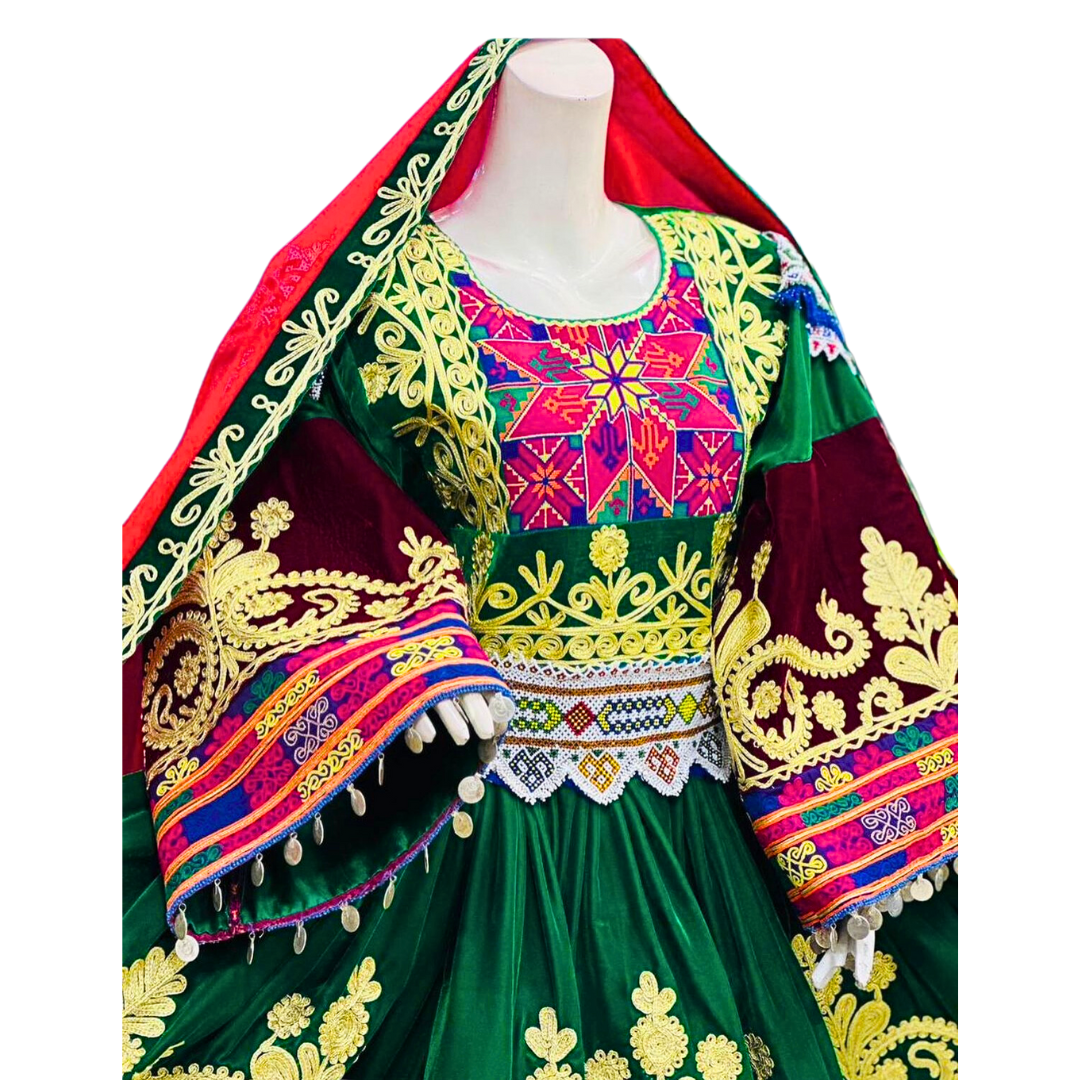 Traditional Afghan Women Bridal Green and Red Short Dress