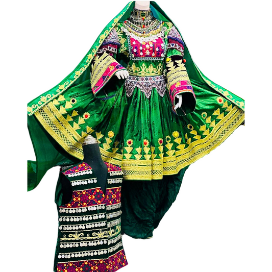 Traditional Afghan Women Short Bridal Green Dress with Men Waskat