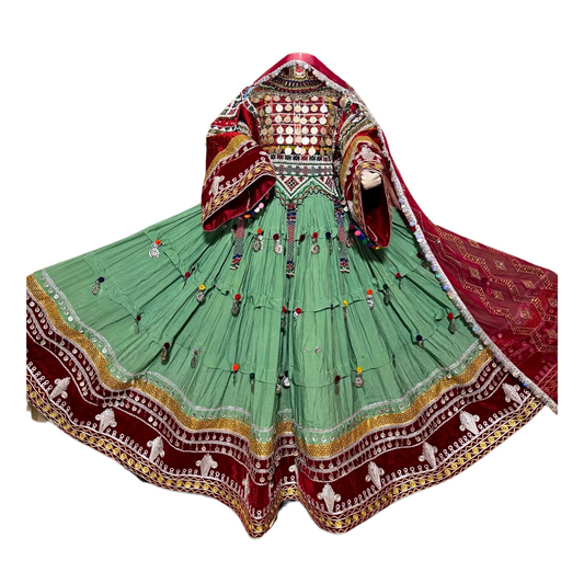 Traditional Afghan Bridal Long Kochi Green and Red Dress