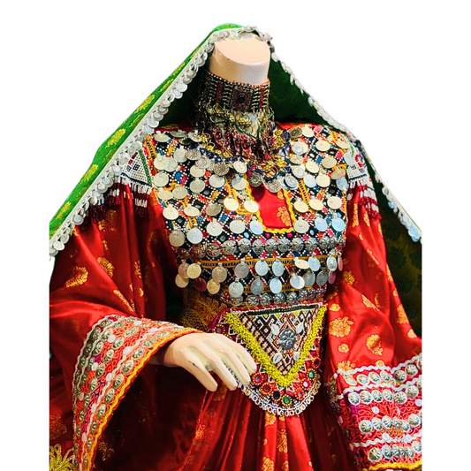 Traditional Afghan Women Short Red Bridal Dress with Men Waskat