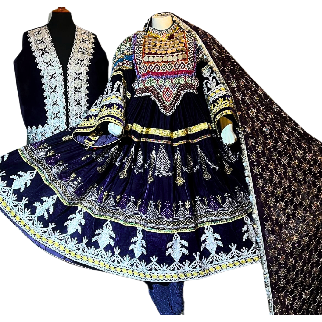 Traditional Afghan Women Blue Bridal Short Kochi Dress with Waskat