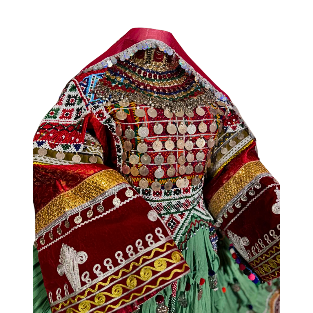 Traditional Afghan Bridal Long Kochi Green and Red Dress