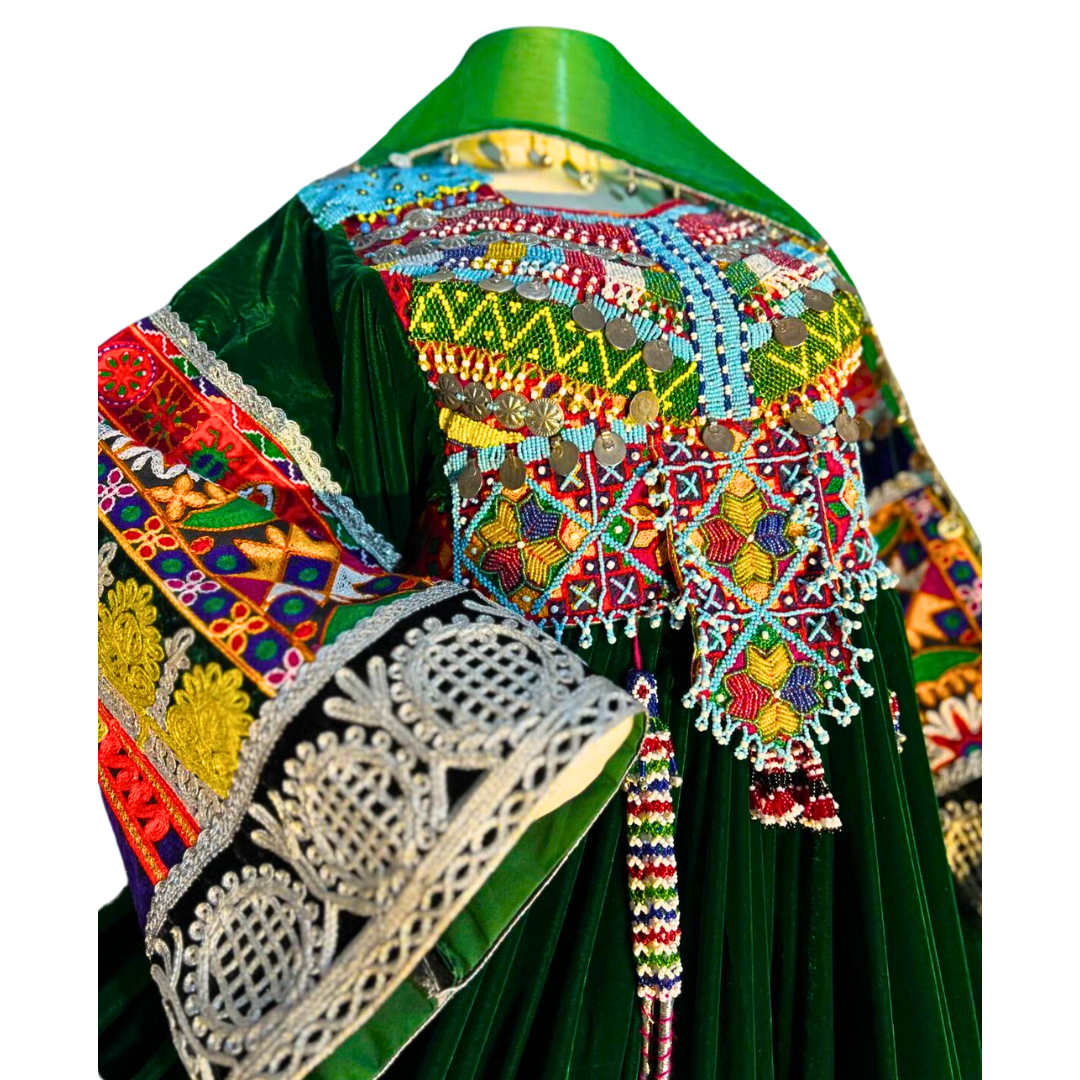 Traditional Afghan Women Long Bridal Kochi Green Dress