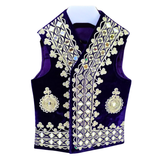 Traditional Afghan Young Boy Velvet Purple Wedding Waskat - Waistcoat