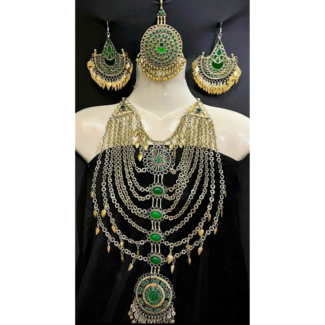 Traditional Afghan Women Vintage Jewellery Set with Long Necklace in Green Stones