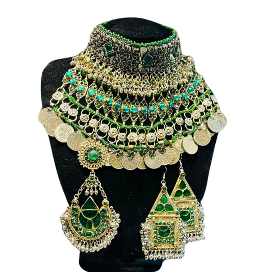 Traditional Afghan Women Vintage Jewellery Set with Green Stones