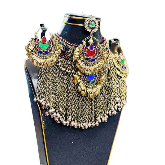 Traditional Afghan Women Vintage Jewellery Set with Green and Red Stones