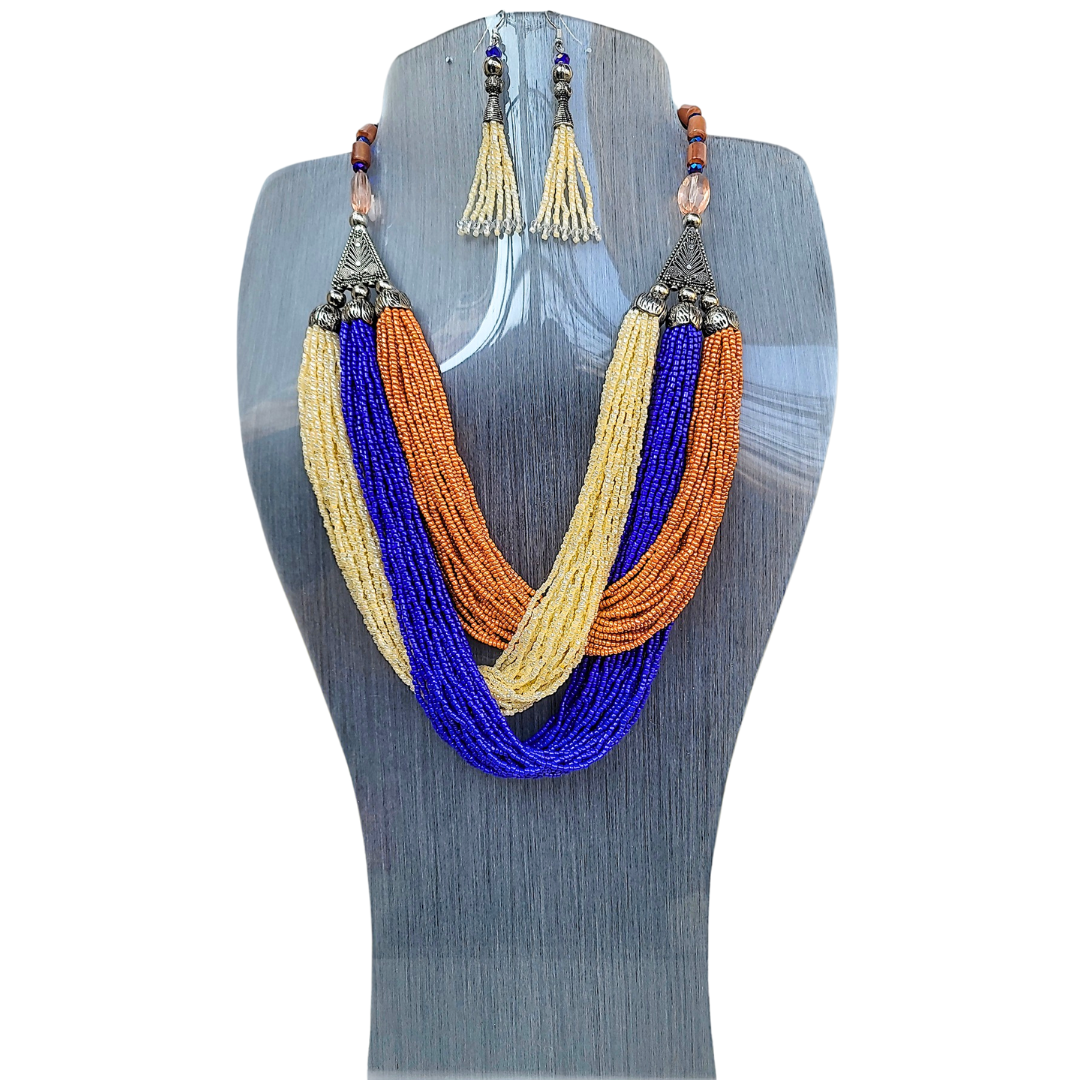 Colourful Blue and Orange Round Beaded Necklace Set