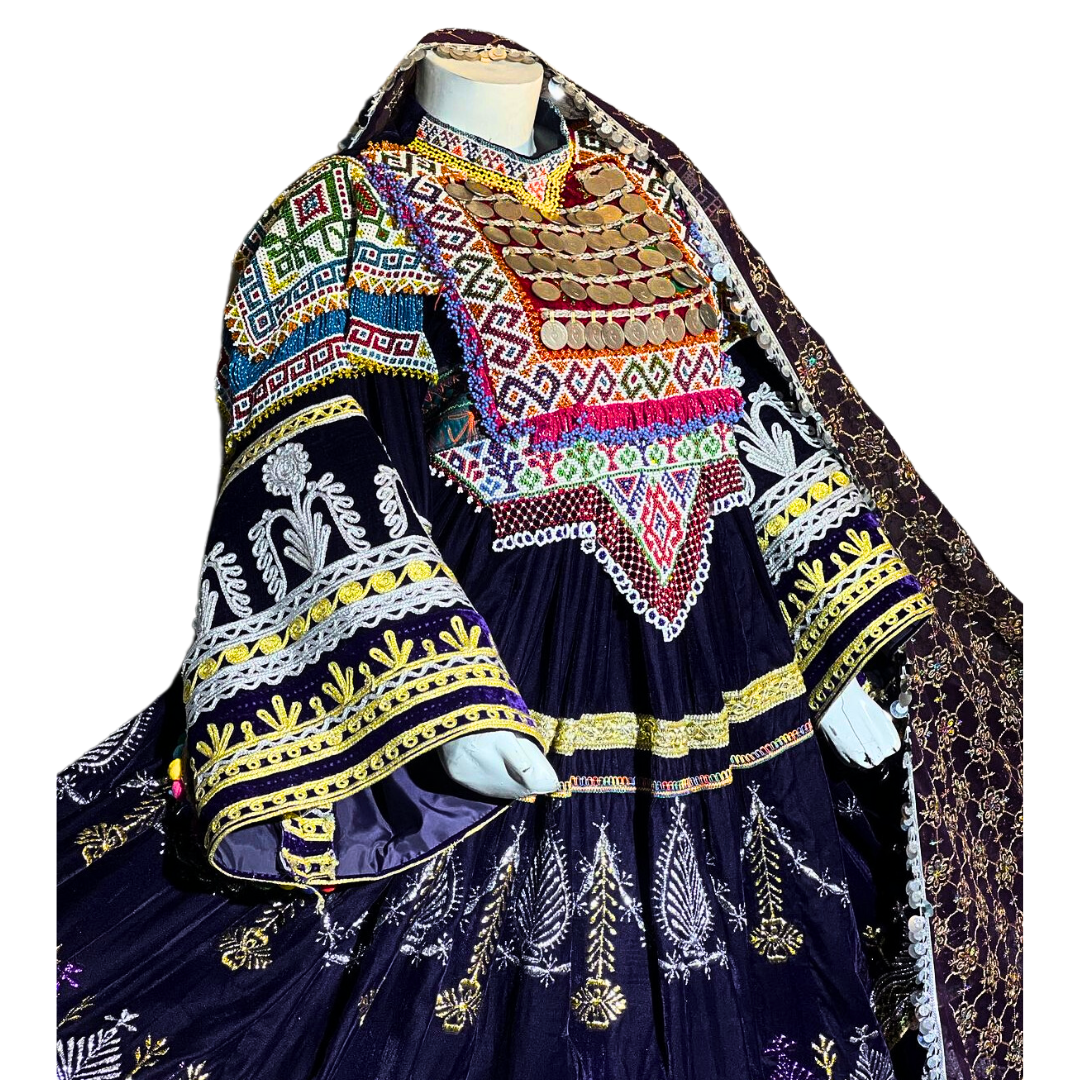 Traditional Afghan Women Blue Bridal Short Kochi Dress with Waskat