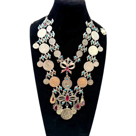 Traditional Afghan Women Vintage Long Necklace with Red and Blue Stones