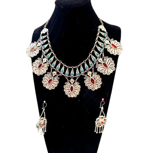 Traditional Afghan Women Vintage Jewellery Set with Blue and Red Stones