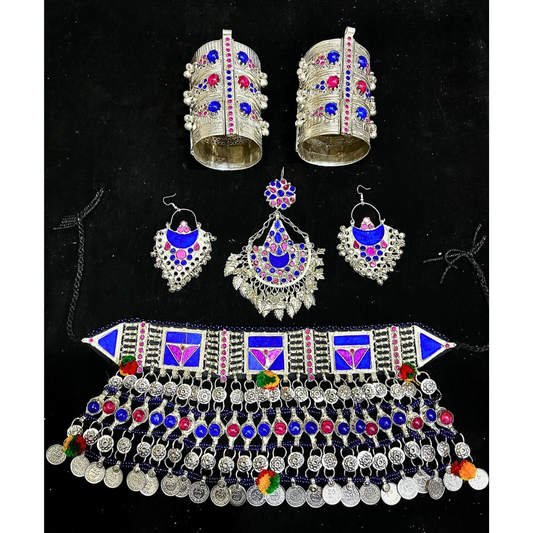 Traditional Afghan Women Vintage Jewellery Set with 2 Handcuffs in Red and Blue Stones