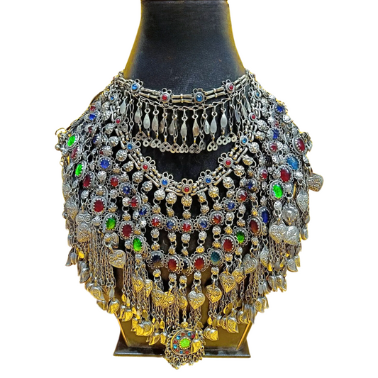 Traditional Afghan Women Vintage Necklace with Green and Red Stones