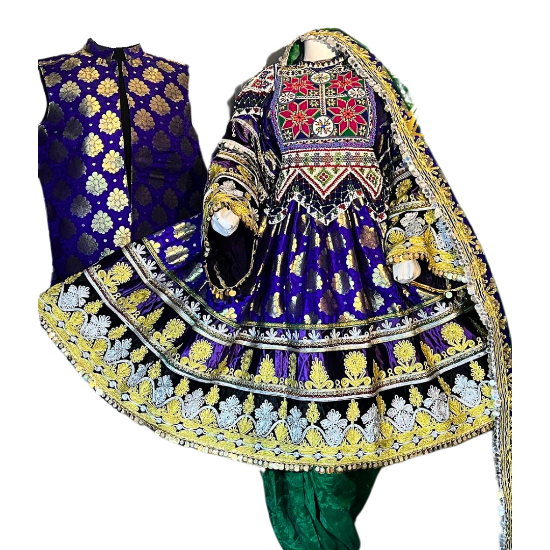 Traditional Afghan Women Bridal Short Kochi Blue Dress with Waskat