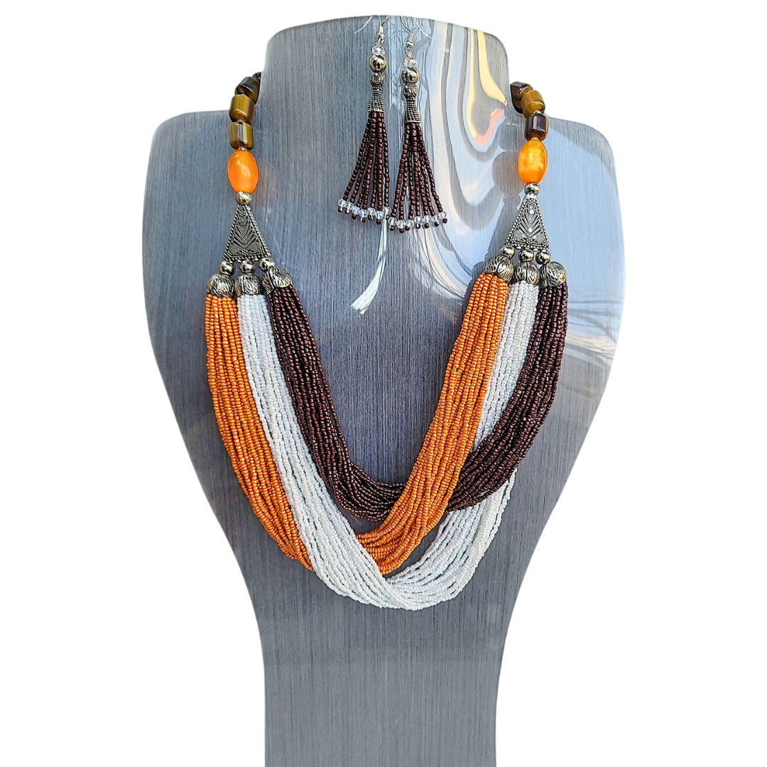 Colourful White and Orange Round Beaded Necklace Set