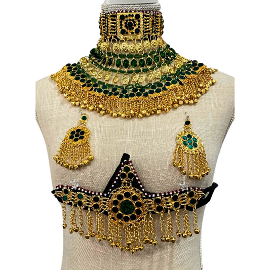 Traditional Afghan Vintage Green and Gold Bridal Jewellery Full Set