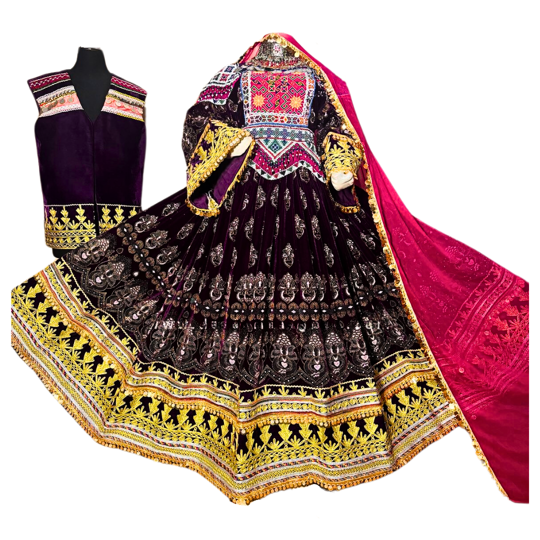 Traditional Afghan Bridal Long Purple Velvet Gold Kochi Dress with Waskat