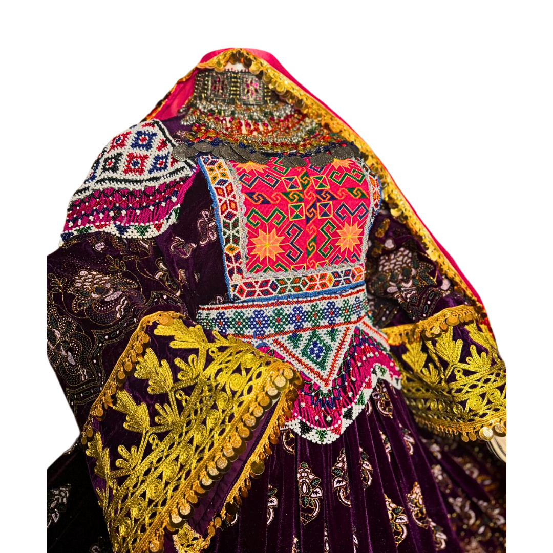 Traditional Afghan Bridal Long Purple Velvet Gold Kochi Dress with Waskat