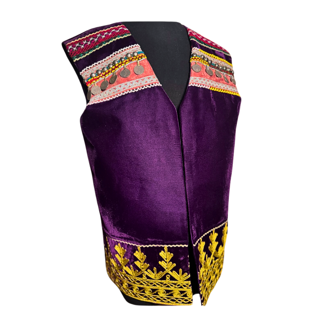 Traditional Afghan Men Velvet Purple and Gold Waskat - Waist Coat