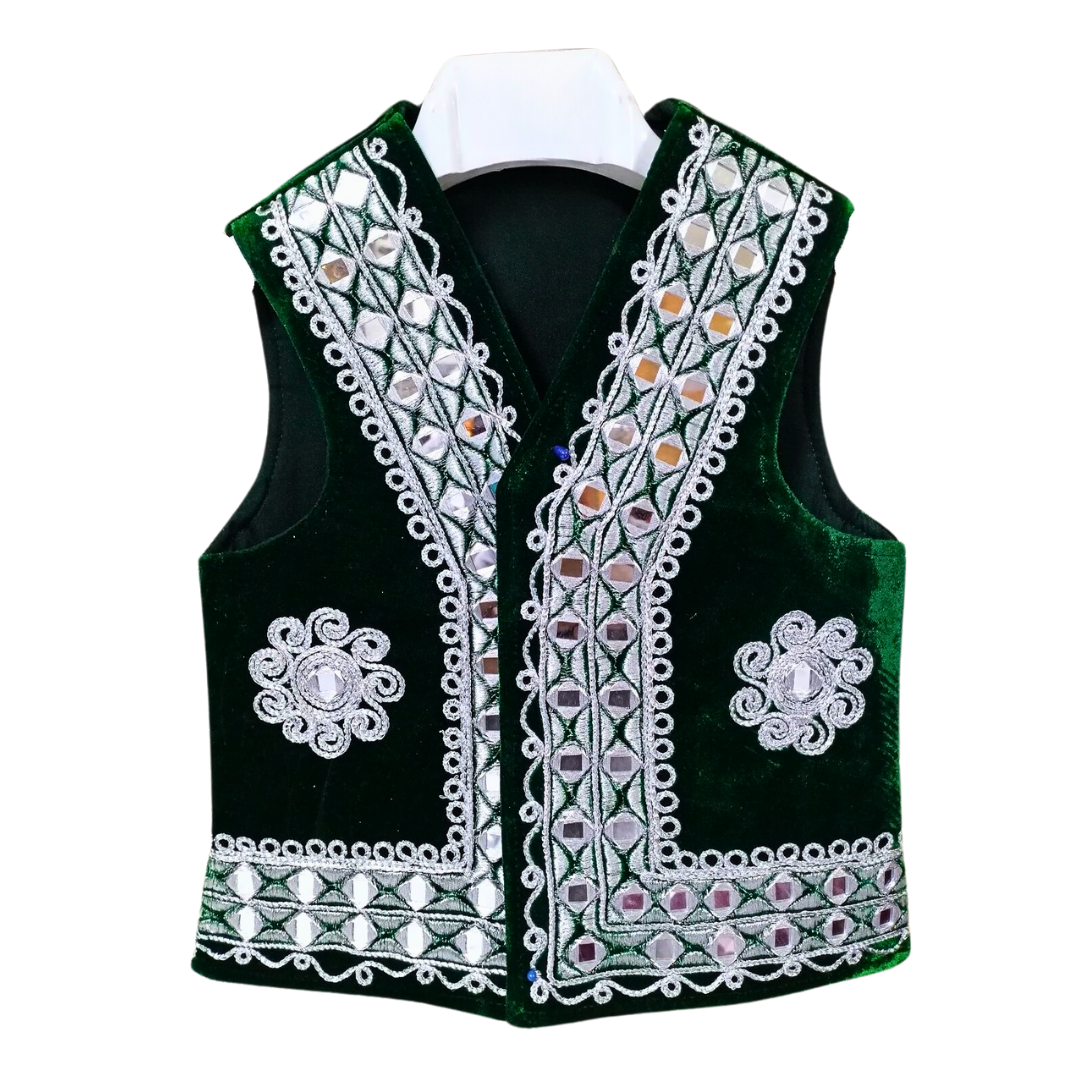 Traditional Afghan Young Boy Velvet Green Wedding Waskat - Waistcoat