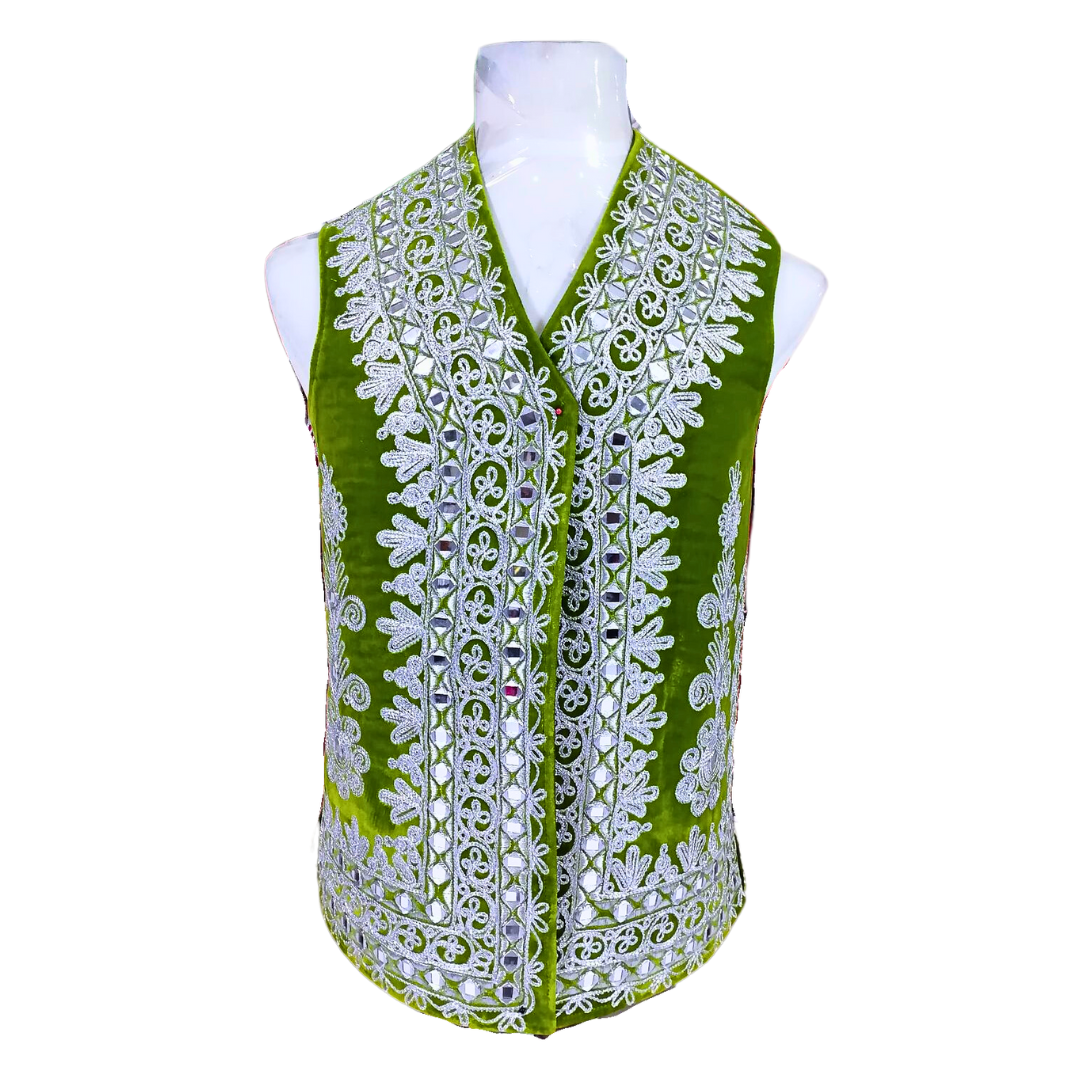 Traditional Afghan Young Boy Velvet Green Wedding Waskat - Waistcoat