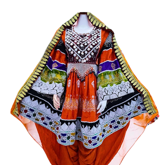 Traditional Afghan Bridal Orange Short Kochi Dress