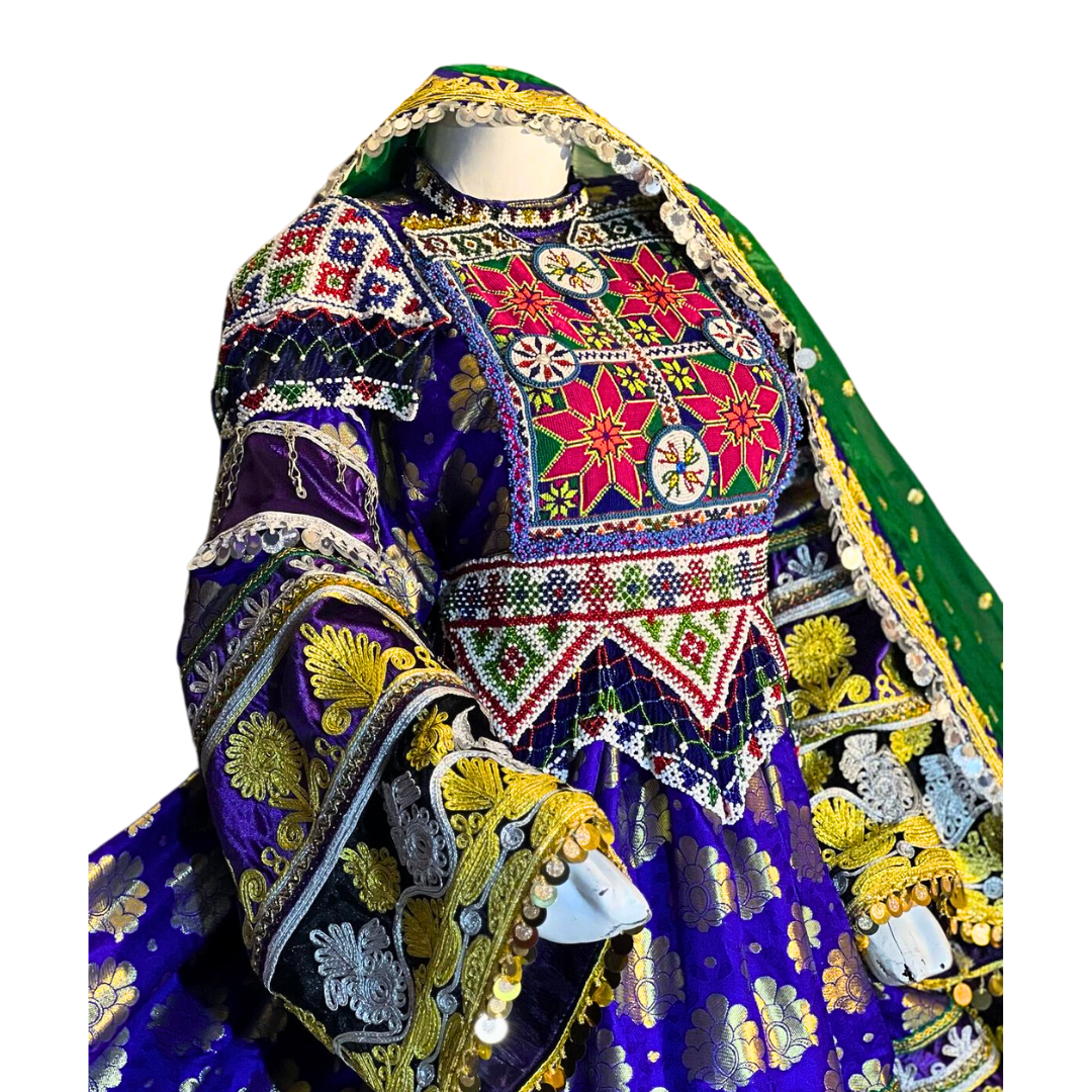 Traditional Afghan Women Bridal Short Kochi Blue Dress with Waskat