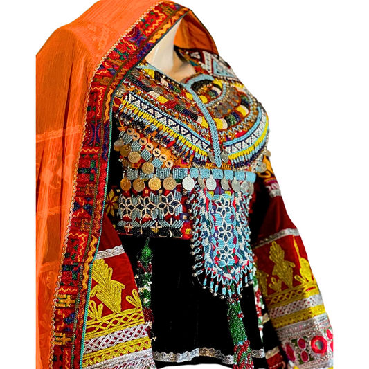 Traditional Afghan Women Kochi Orange Bridal Short Dress