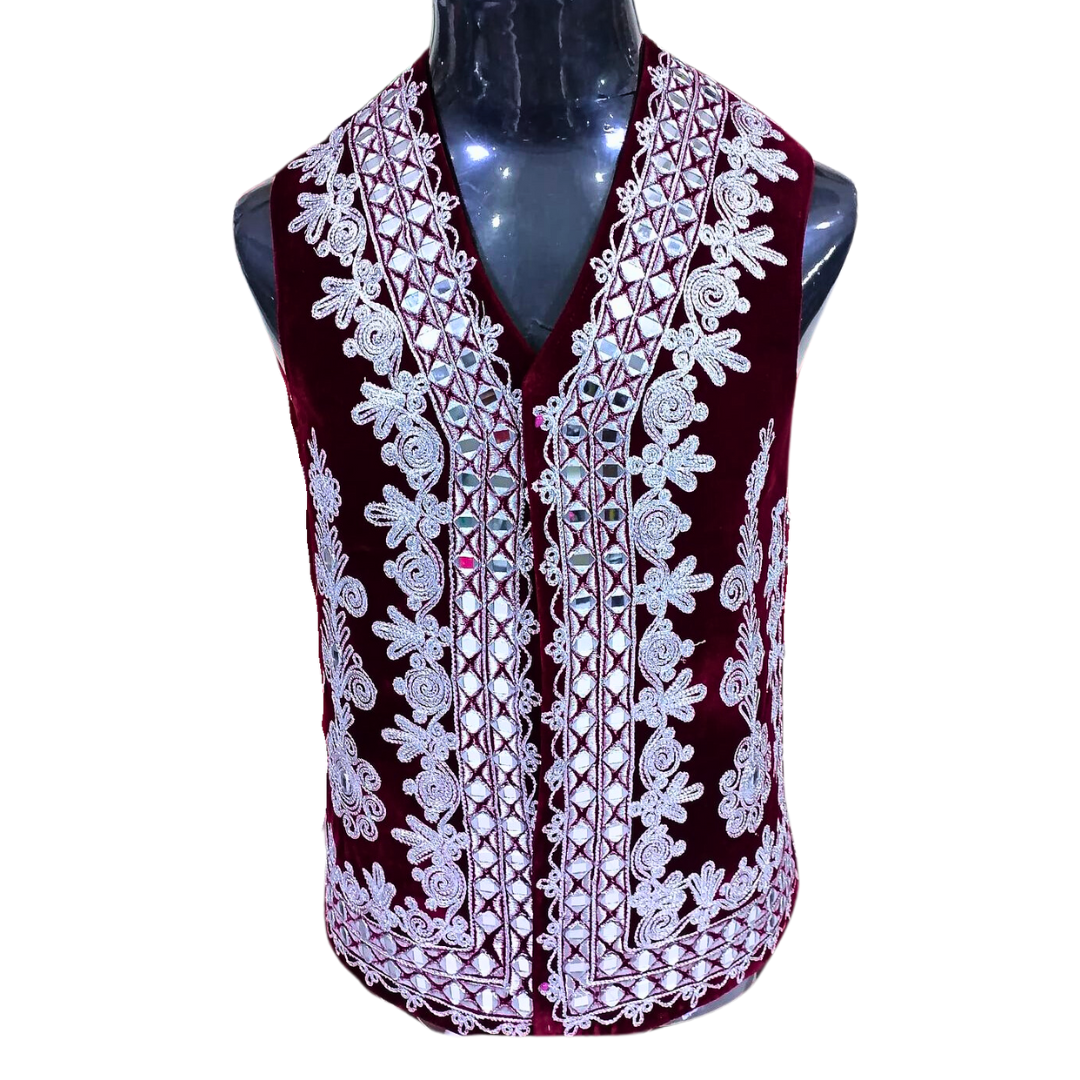 Traditional Afghan Young Boy Velvet Red Wedding Waskat - Waistcoat