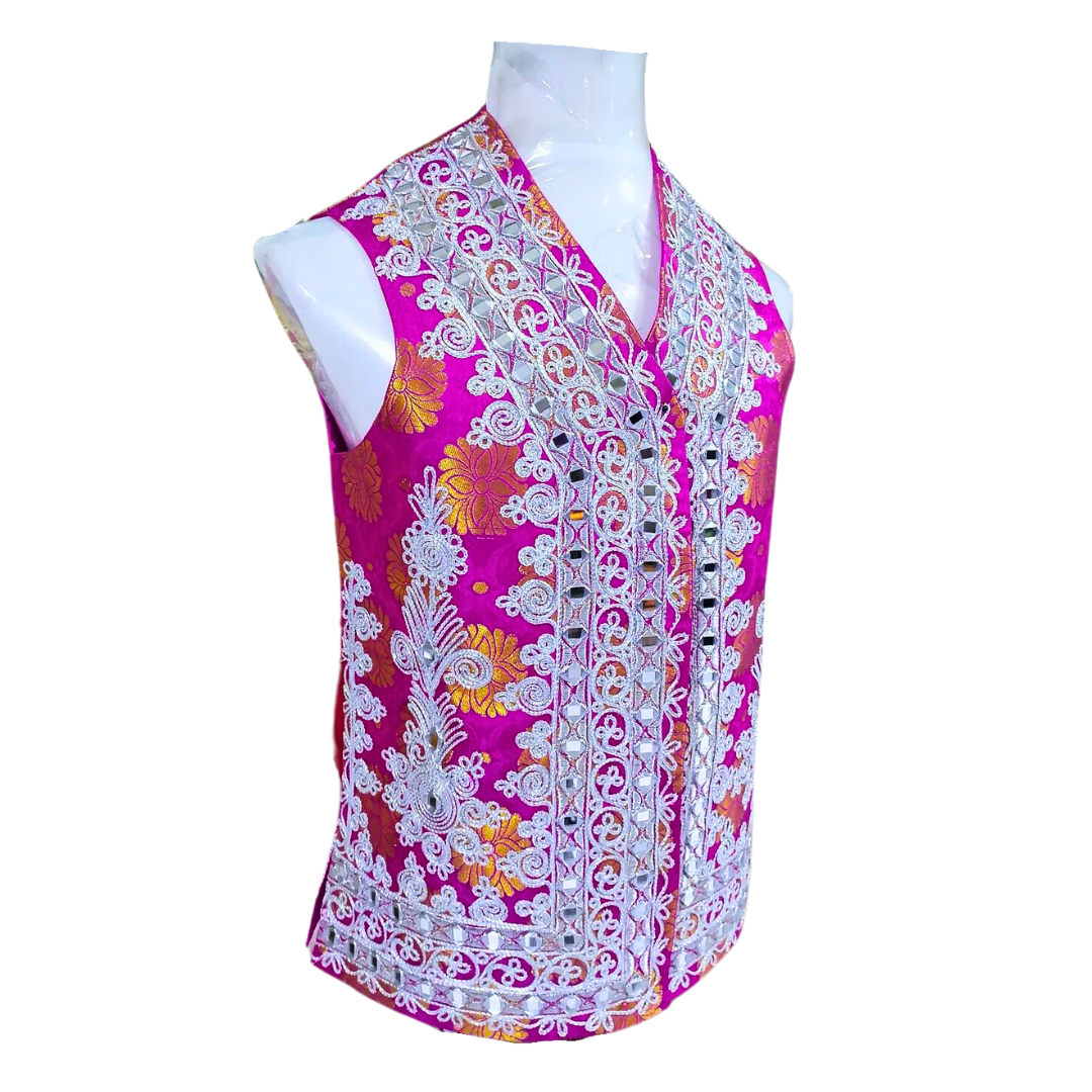 Traditional Afghan Young Boy Banaras Pink Wedding Waskat - Waistcoat