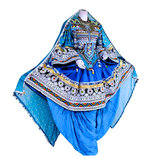 Traditional Afghan Women Bridal Short Blue Kochi Dress