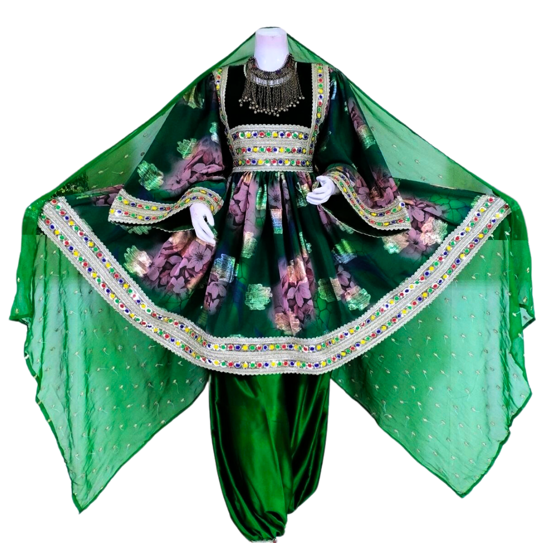 Traditional Afghan Women Short Green and Gold Simple Dress