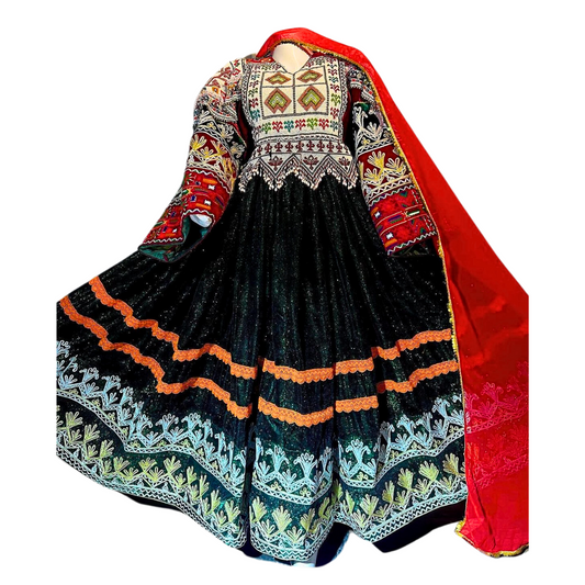 Traditional Afghan Bridal Long Velvet Green Kochi Dress