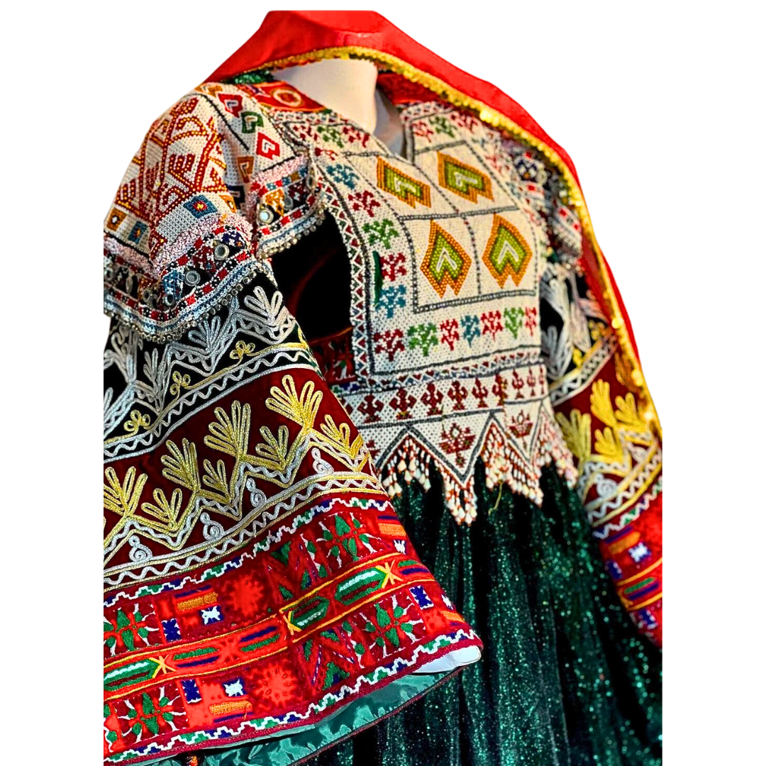 Traditional Afghan Bridal Long Velvet Green Kochi Dress