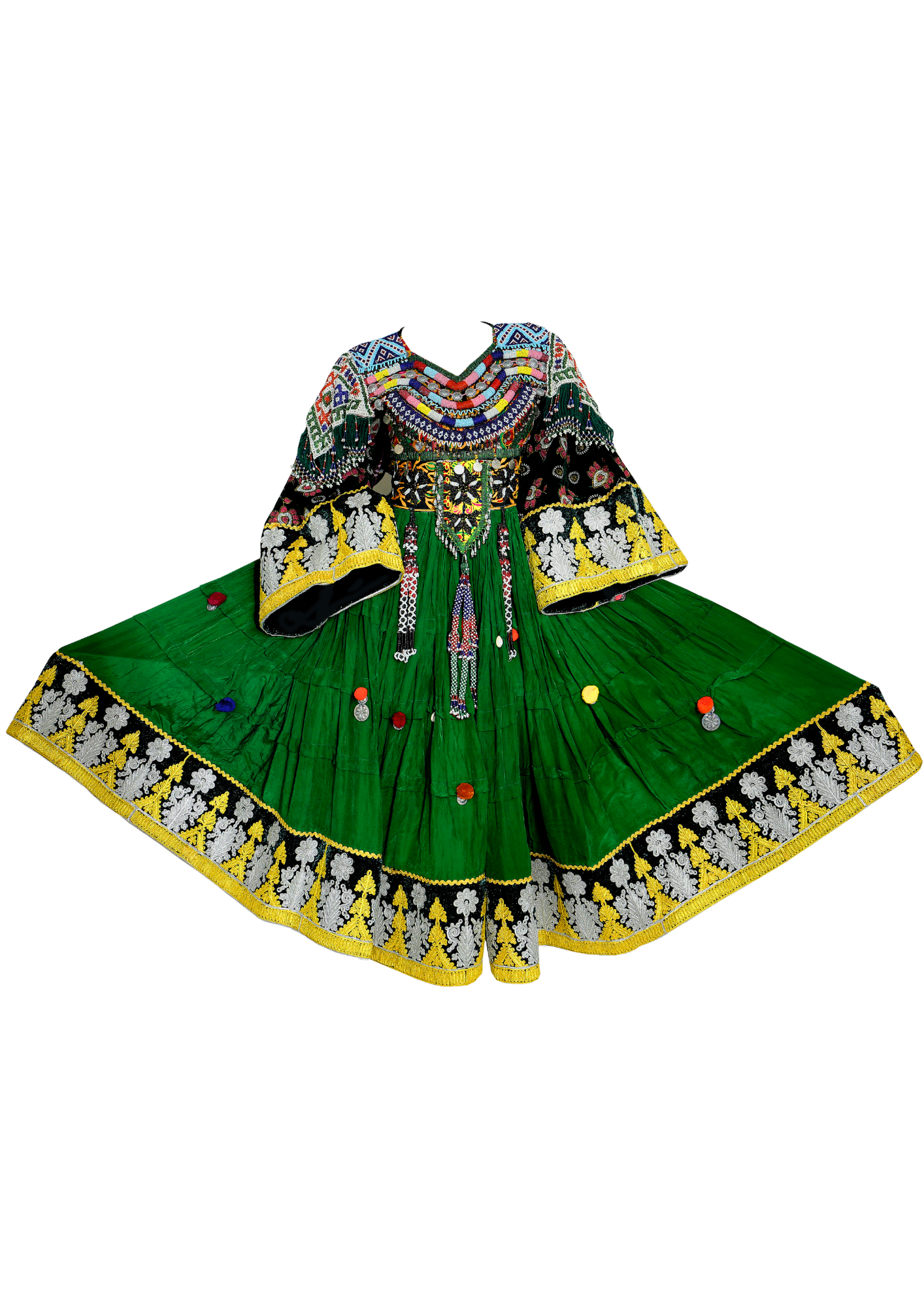 Traditional Afghan Long Bridal Green Handmade Kochi Dress