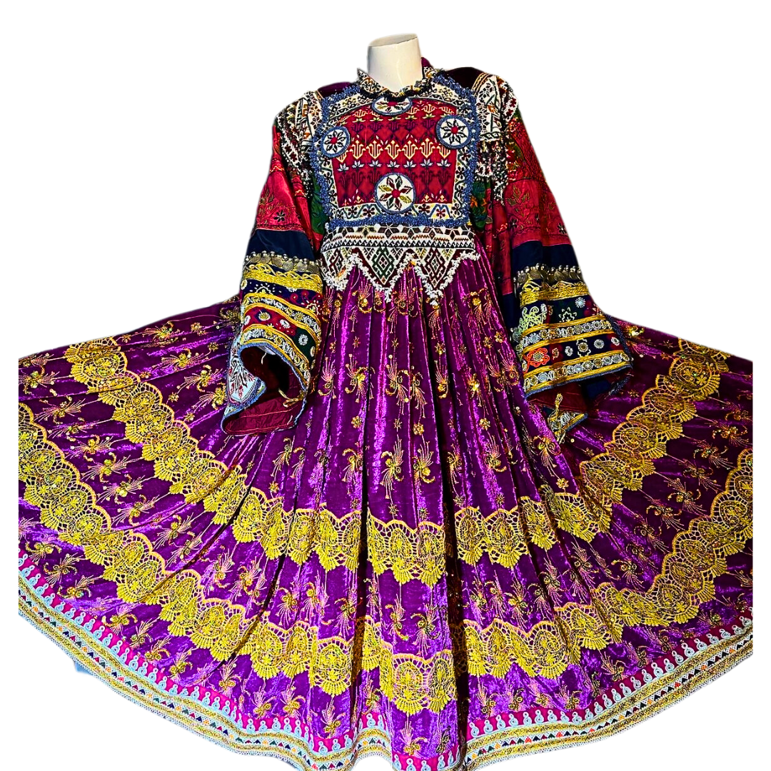 Traditional Afghan Bridal Long Velvet Pink Kochi Dress