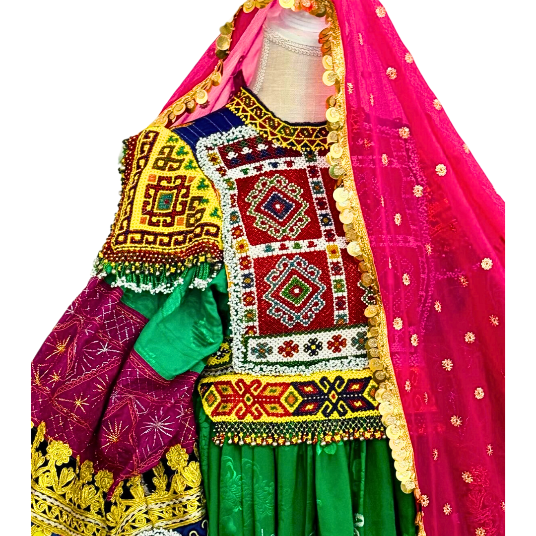 Traditional Afghan Women Long Bridal Green Kochi Dress