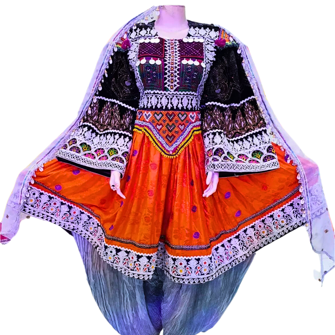 Traditional Afghan Simple Orange Short Kochi Dress